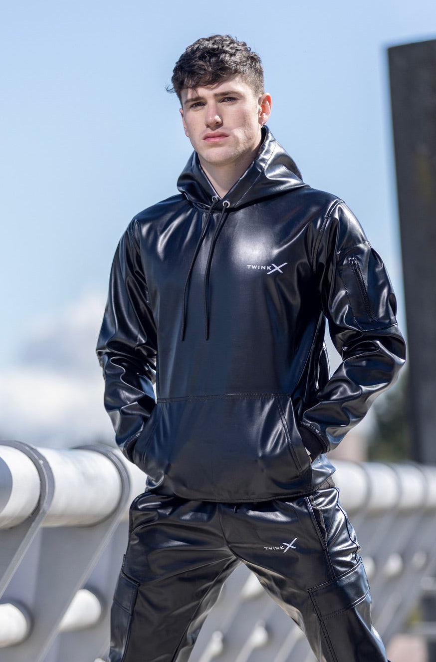archive leather hoodie y2k v系 ekam lgb Adonis Hoodie Black Vegan Leather – Structured Statement Hoodie
