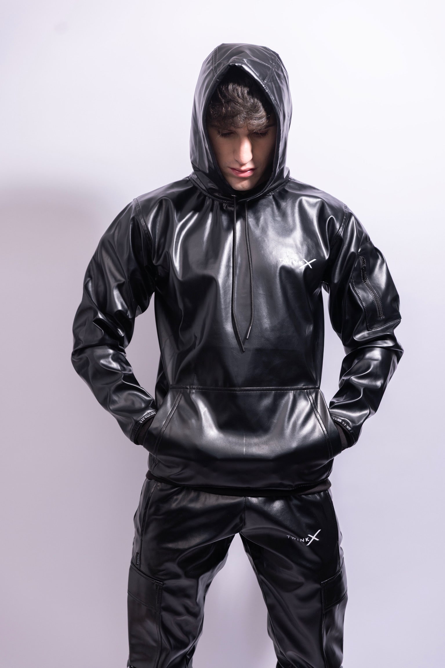 Adonis Hoodie Black Vegan Leather – Structured Statement Hoodie