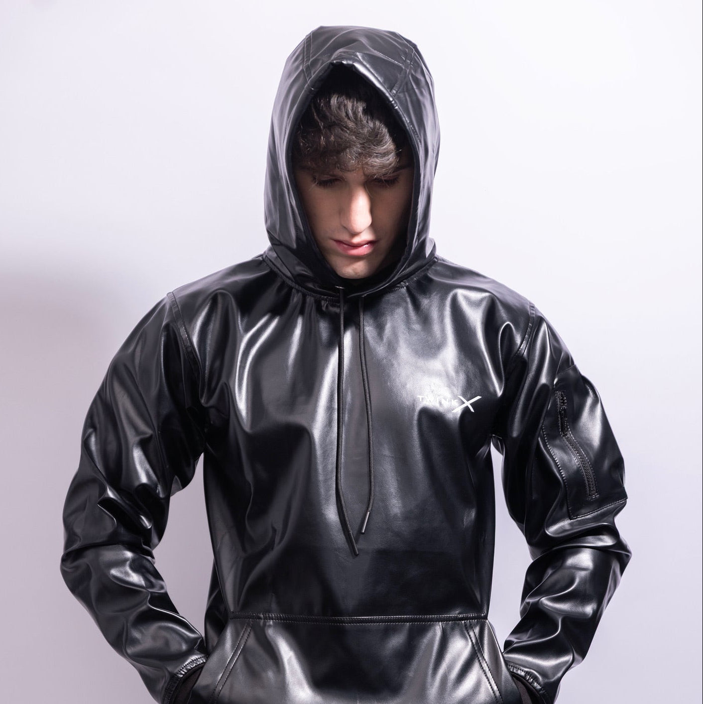 Adonis Hoodie Black Vegan Leather – Structured Statement Hoodie