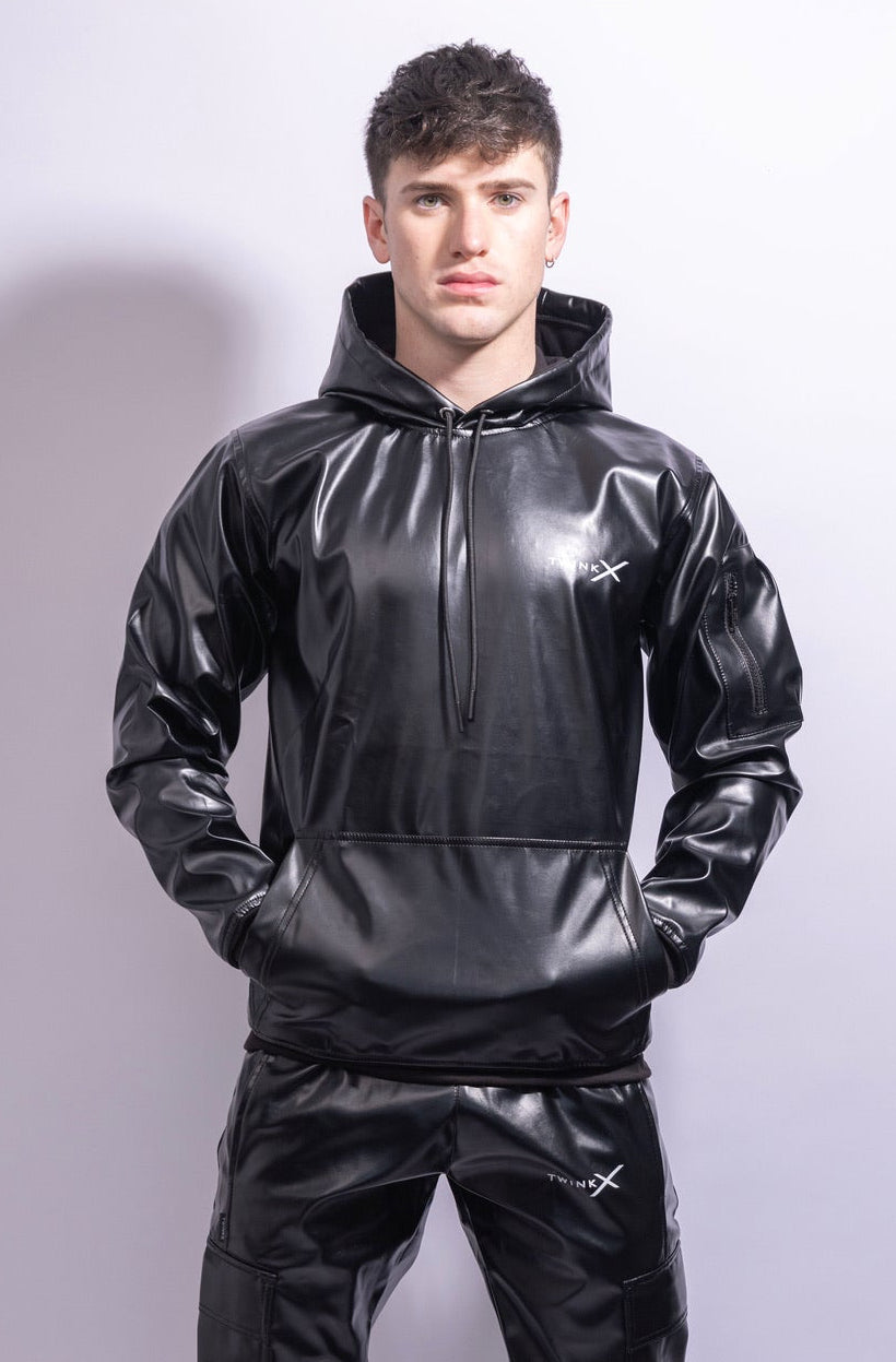 Adonis Hoodie Black Vegan Leather – Structured Statement Hoodie