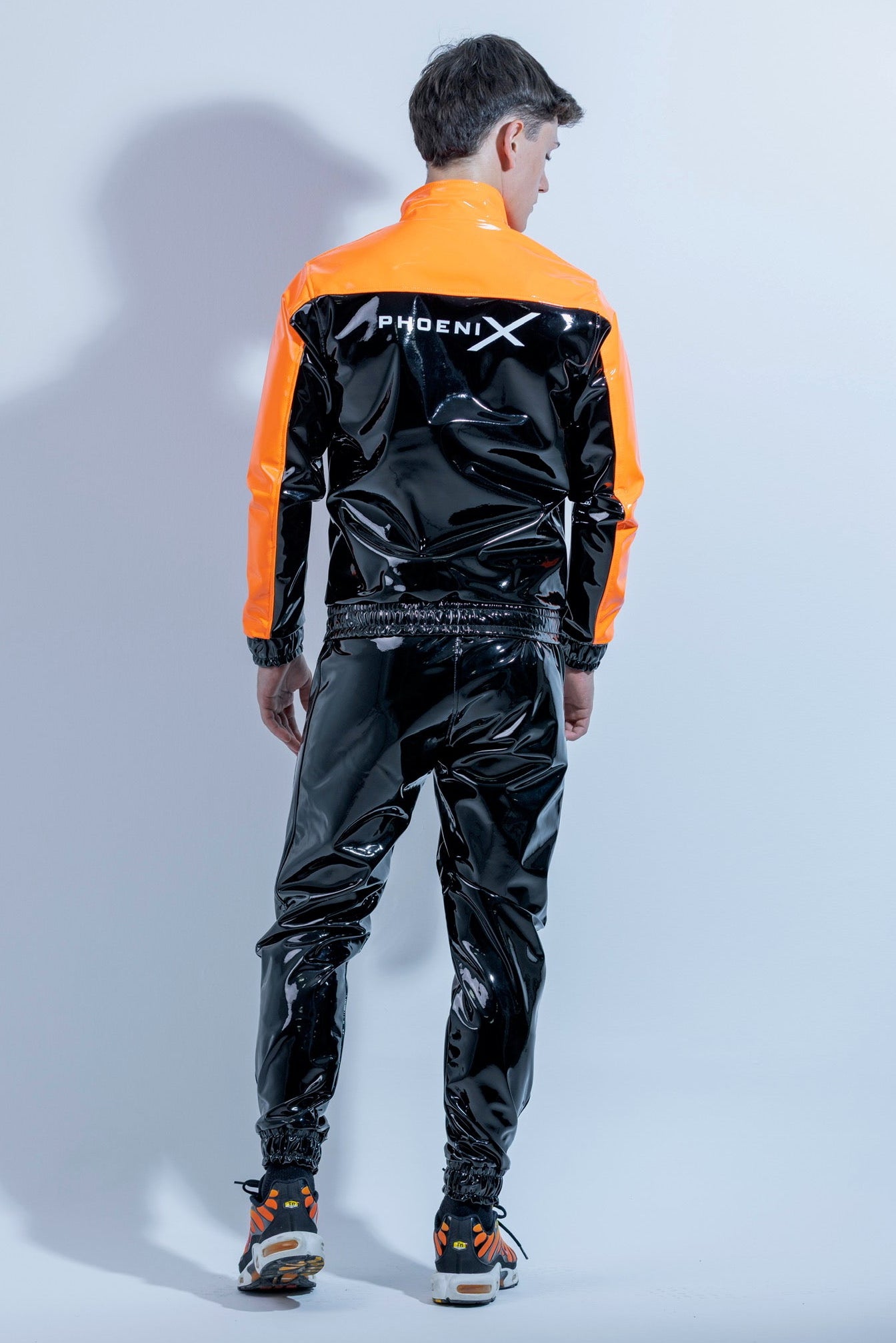 【PHARFAITE】NEON LINE ENSEMBLE SUIT (XL) PHOENIX Set Black/Orange PVC PRO – Glossy Neon Tracksuit