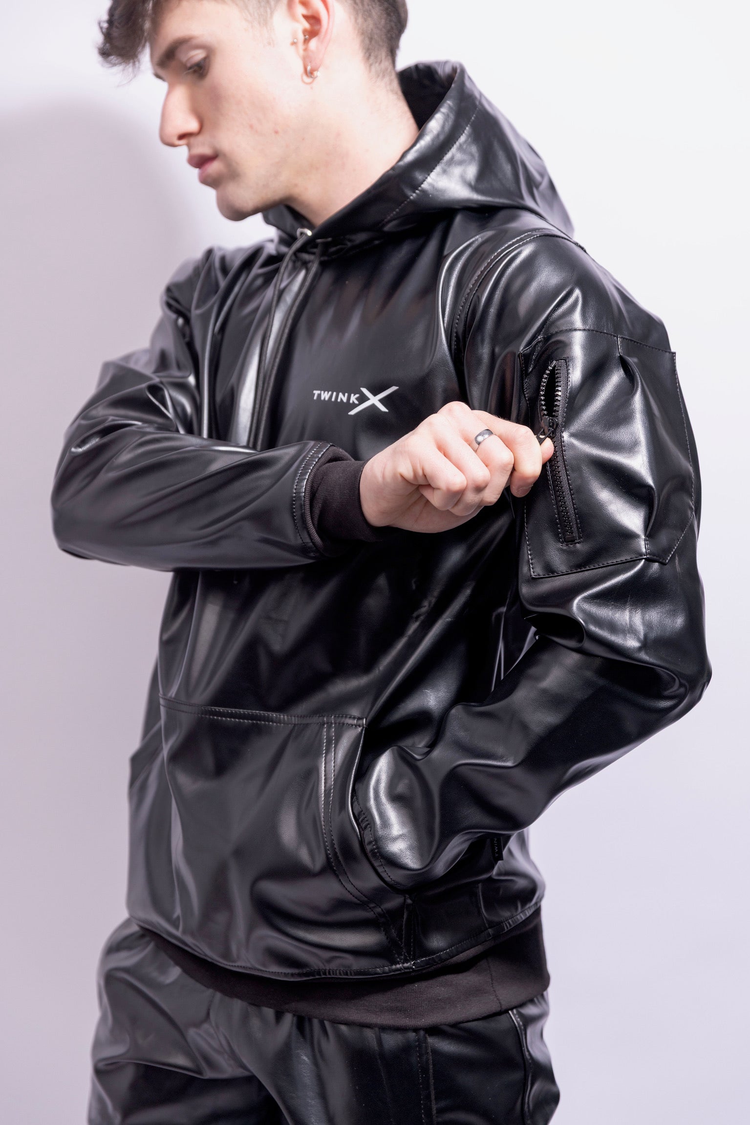 archive leather hoodie y2k v系 ekam lgb Adonis Hoodie Black Vegan Leather – Structured Statement Hoodie