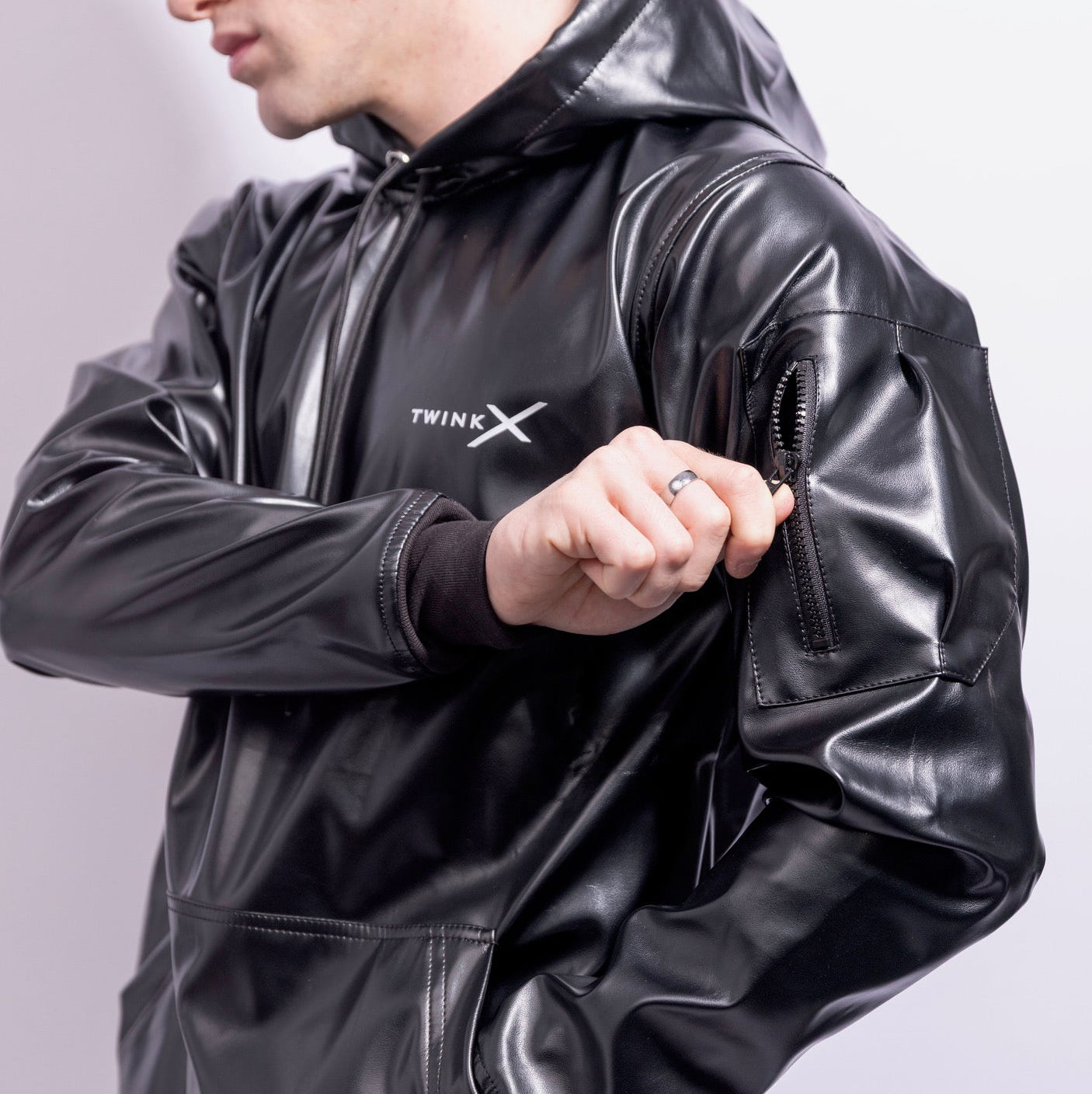 Adonis Hoodie Black Vegan Leather – Structured Statement Hoodie