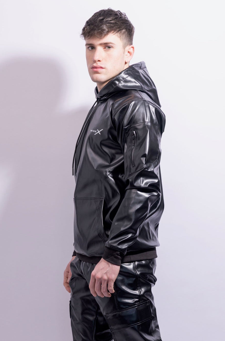 archive leather hoodie y2k v系 ekam lgb Adonis Hoodie Black Vegan Leather – Structured Statement Hoodie